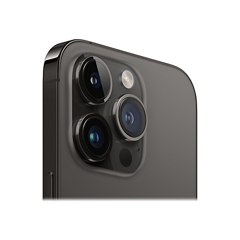 Nahaufnahme der Rückseite eines schwarzen Smartphones mit drei Objektiven und einem Blitz. Die Linsen sind kreisförmig, glänzend.