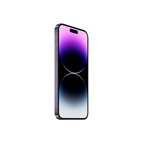Ein iPhone 14 Pro in lila, das von der Seite vor weißem Hintergrund abgebildet ist. Das Display zeigt eine violett-schwarze Farbverlaufsdarstellung.