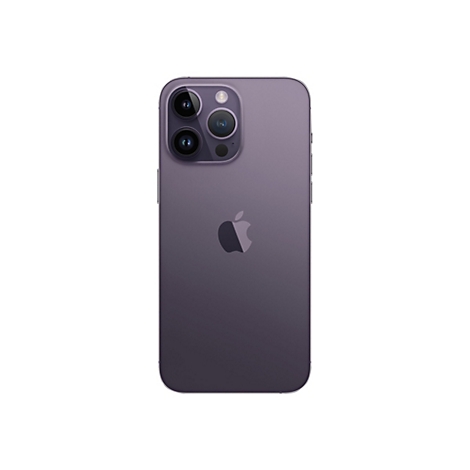 Rückseite eines lila iPhones mit drei Kameras und einem Apfel-Logo.