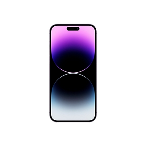 Ein Smartphone, das aufrecht steht. Auf dem Bildschirm sind Farbverläufe in Lila, Schwarz und Blau zu sehen.