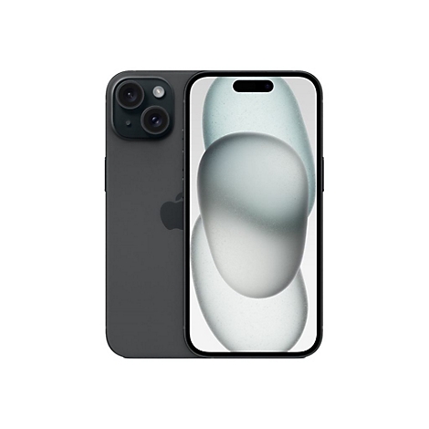 Smartphone gris foncé avec triple caméra et logo Apple, sur fond blanc. L'écran affiche des graphiques abstraits.