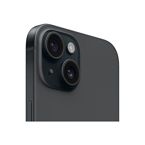 Nahaufnahme der schwarzen iPhone-Kamera. Zwei Linsen, ein Blitz und ein Mikrofon sind zu sehen.