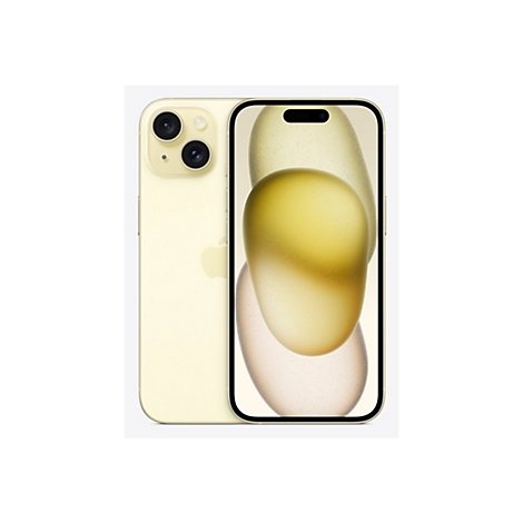 Hellgelbes iPhone, zwei Kameras auf der Rückseite, Display mit abstraktem Design.