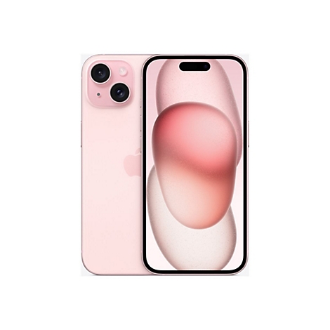 Hellrosa Smartphone, Vorder- und Rückseite, auf weißem Hintergrund. Dual-Kamera hinten, Display mit rosa Hintergrund.