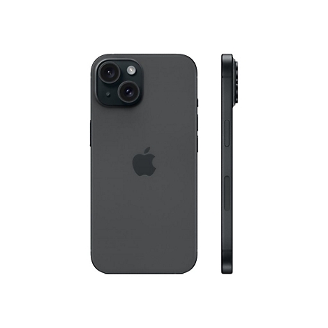 Dunkelgraues Smartphone mit Apple-Logo. Zwei Kameras, Seitenansicht.