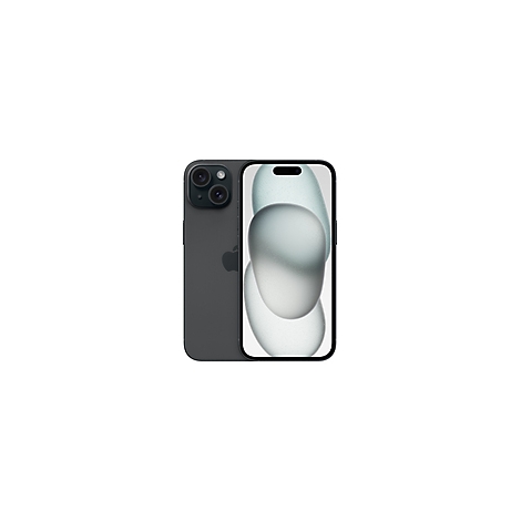 Dunkelgraues Smartphone mit dreifacher Kamera und Apple Logo, Bildschirm mit abstraktem Hintergrund.
