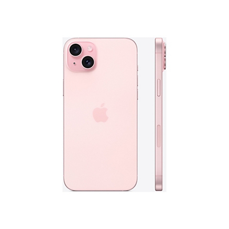 Hellrosa iPhone 13; Vorder- und Seitenansicht. Rückseite mit Apple-Logo. Zwei Kameralinsen und Blitz.