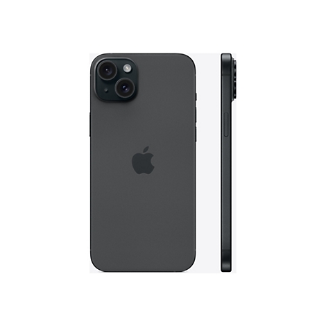 Dunkelgraues iPhone, Rückseite und Seite, mit Kameraobjektiven und Apple-Logo.