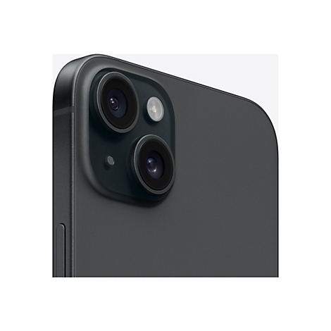 Nahaufnahme der Rückseite eines schwarzen Smartphones mit zwei Objektiven und einem Blitz.