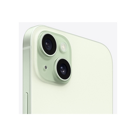 Nahaufnahme der Rückseite eines hellgrünen Smartphones mit Kameraobjektiven und Blitz.