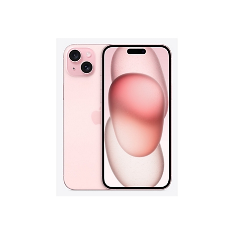 Hellrosa iPhone 14 Pro, Vorder- und Rückseite, auf weißem Hintergrund. Die Rückseite zeigt Kameras, die Vorderseite ein abstraktes Muster.