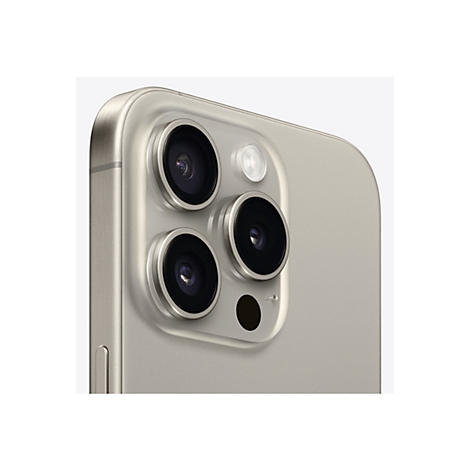 Nahaufnahme der Rückseite eines Smartphones in Beige mit drei Objektiven und einem Blitz.