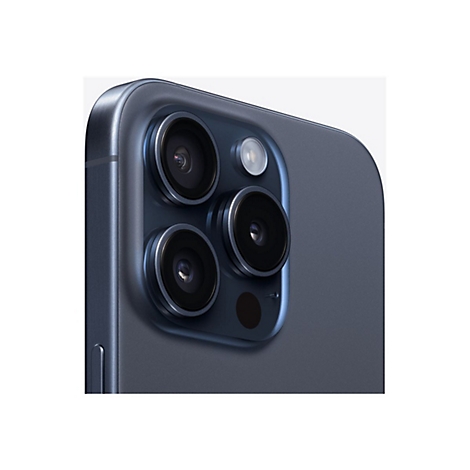 Nahaufnahme der Rückseite eines blauen Smartphones mit drei Kameras und einem Blitz.