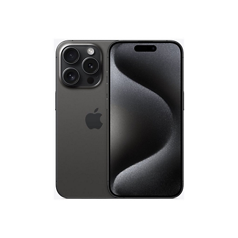 Dunkelgraues Smartphone mit drei Kameras, Apfel-Logo und schwarzem Display.