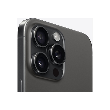 Nahaufnahme der Kameramodule eines schwarzen Smartphones mit drei Linsen und einem Blitz.