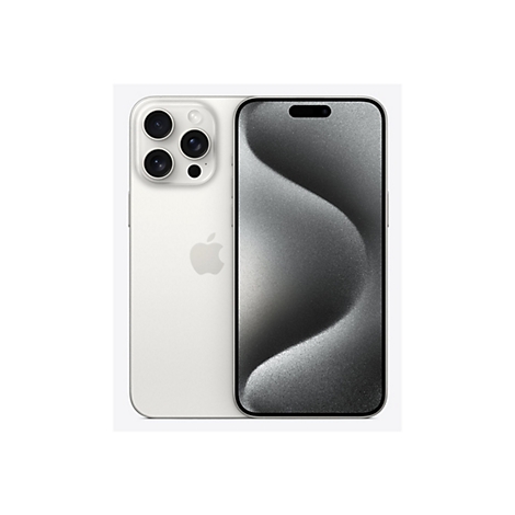 Ein weißes iPhone, Rückseite mit Kameras und Apple-Logo, Vorderseite mit dynamischer Insel.