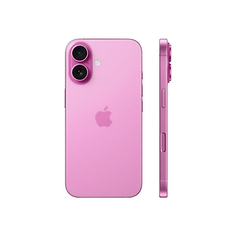 Ein rosa iPhone, Vorder- und Seitenansicht, auf weißem Hintergrund. Mit Kamera, Apple-Logo und Knöpfen.
