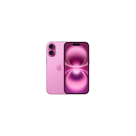 Ein rosa iPhone mit zwei Kameras, liegt neben einer Ansicht der Vorderseite mit einem rosafarbenen Bildschirm.