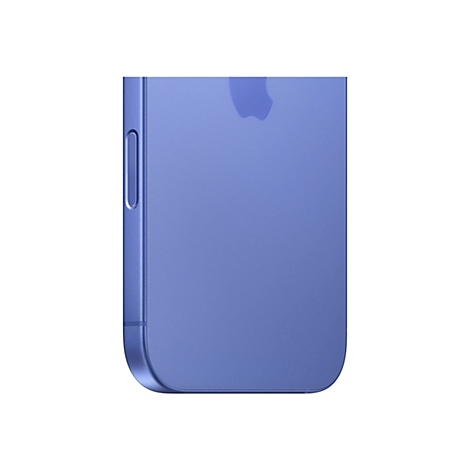 Nahaufnahme eines blauen Smartphones. Auf der Rückseite ist das Apple-Logo zu sehen, die linke Seite zeigt die Lautstärketasten.