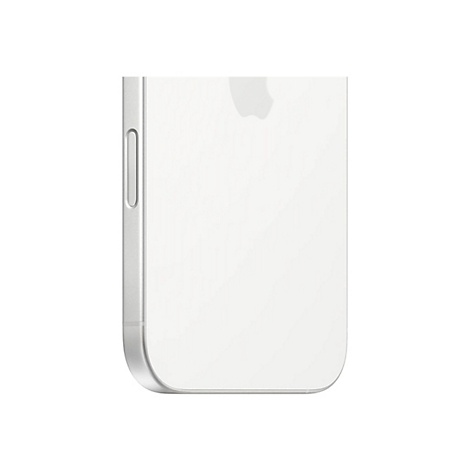 Nahaufnahme eines weiÃŸen Smartphones mit abgerundeten Ecken und dem Apple-Logo. Der Power-Button ist an der Seite.