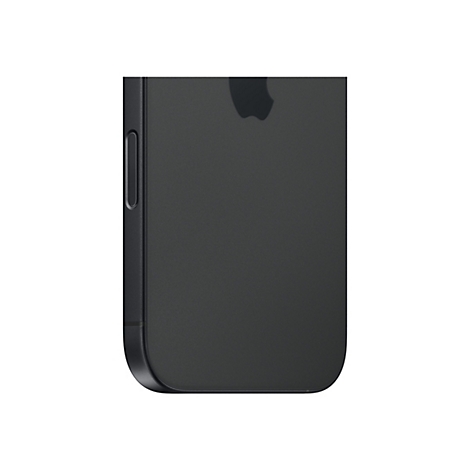 Gros plan d'un iPhone noir. Bouton latéral à gauche, logo Apple à droite.