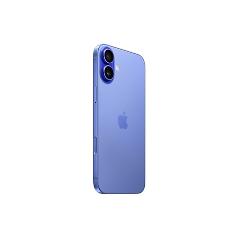 Ein blaues Smartphone, die Rückseite ist sichtbar. Oben zwei Kameras, darunter das Apple-Logo. Auf weißem Hintergrund.
