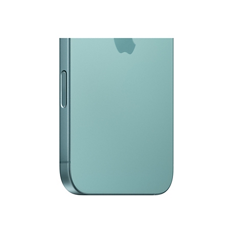 Nahaufnahme eines mintfarbenen Smartphones auf weißem Hintergrund. Die Seite mit den Knöpfen und das Apple-Logo sind sichtbar.