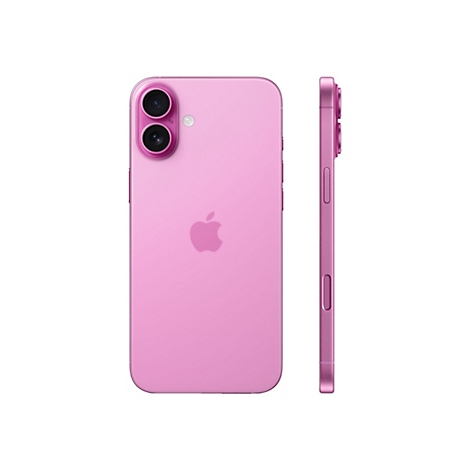 Ein pinkfarbenes Smartphone, Ansicht von Vorder- und Seitenansicht. Auf der Rückseite befindet sich ein Apple-Logo.