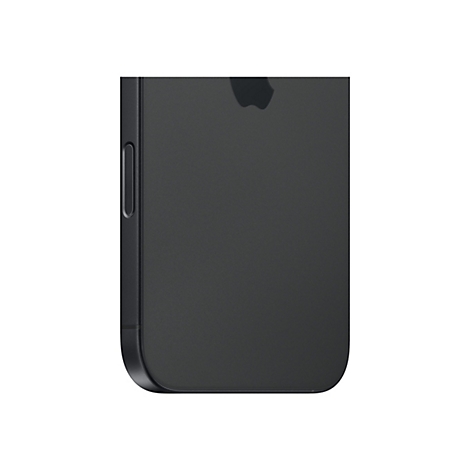 Nahaufnahme eines schwarzen iPhones; die abgerundete Ecke und die Seitentaste sind sichtbar, im Hintergrund ist das Apple-Logo.