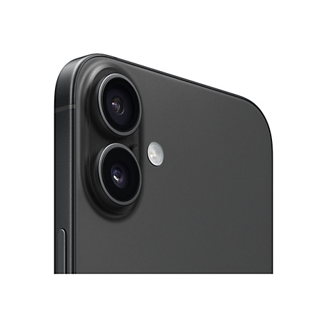 Nahaufnahme der Rückseite eines schwarzen Smartphones mit zwei Objektiven und einem Blitz.