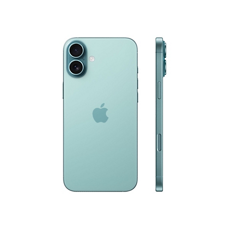 Hellgrünes Smartphone, Rückseite und Seite, weißer Hintergrund. Apple-Logo und Kamera sind sichtbar.
