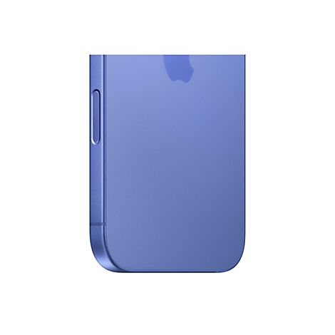 Nahaufnahme eines blauen Smartphones. Auf der Rückseite ist das Apple-Logo zu sehen, die linke Seite zeigt die Lautstärketasten.