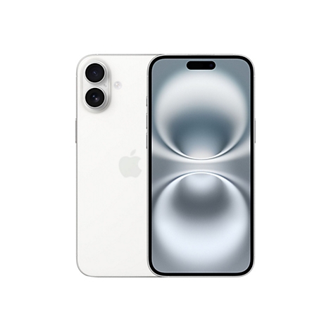 Ein weiÃŸes Smartphone mit zwei Kameras auf der RÃ¼ckseite und dem Apple-Logo. Das Display zeigt ein stilisiertes Muster.