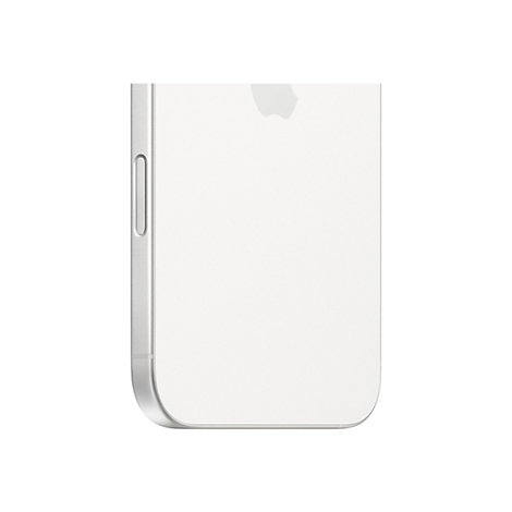 Nahaufnahme eines weiÃŸen Smartphones, das einen Seitenschalter und ein Apple-Logo auf der RÃ¼ckseite zeigt.