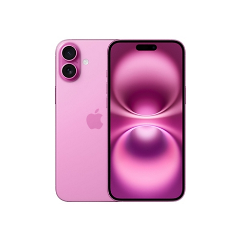 Ein rosafarbenes Smartphone mit zwei Objektiven auf der Rückseite und einem Display. Der Bildschirm zeigt ein Muster aus Rosa- und Lilatönen. Apple-Logo sichtbar.