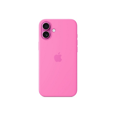 Coque de téléphone rose clair sur fond blanc. Deux lentilles de caméra en haut, un logo Apple en dessous.