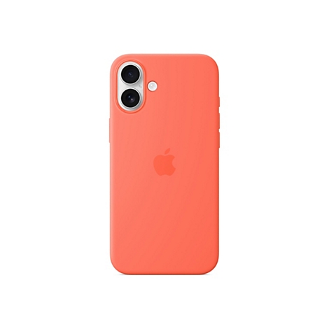 Coque de téléphone de couleur corail, dos avec logo Apple. La caméra est intégrée en haut du dos.