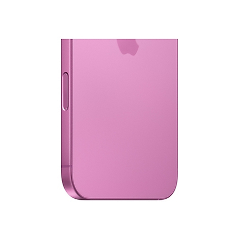 Gros plan sur un smartphone rose montrant le bouton latéral et le logo Apple.