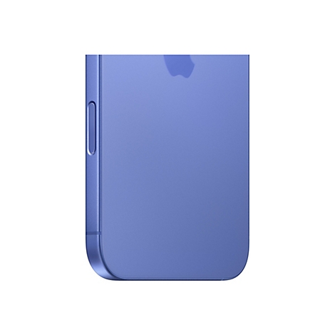 Nahaufnahme eines blauen Smartphones. Auf der Rückseite ist das Apple-Logo. Links ist der Rahmen mit den Tasten zu sehen.
