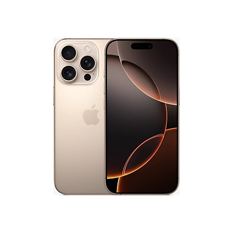 Goldfarbenes iPhone vor weißem Hintergrund. Rückseite mit Kamera-Modulen, Apple-Logo. Display mit Design.