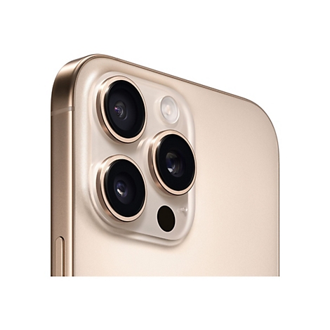 Nahaufnahme des goldfarbenen Kamera-Moduls eines Smartphones mit drei Objektiven und einem Blitz.