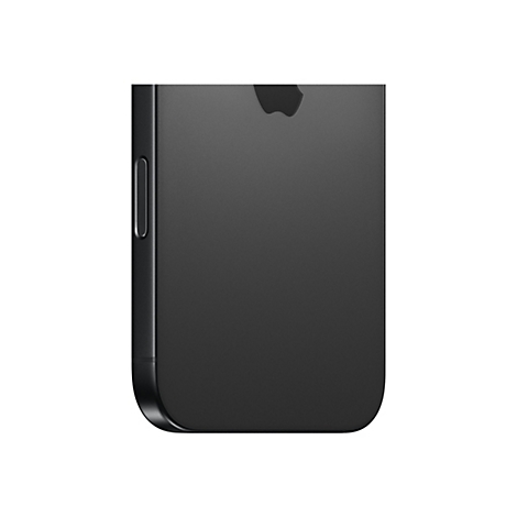 Nahaufnahme eines schwarzen Smartphones. Auf der Rückseite ist das Apple-Logo zu sehen.