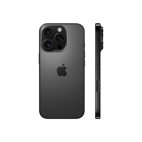 Dunkelgraues Smartphone, Front- und Seitenansicht. Auf der RÃ¼ckseite das Apple-Logo und drei Kameras.
