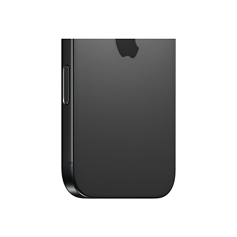 Detailaufnahme eines schwarzen iPhones. Seitlich sind der LautstÃ¤rkeregler und der Apple-Apfel zu sehen.