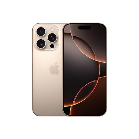 Goldfarbenes iPhone vor weißem Hintergrund. Rückseite mit Kamera und Apple-Logo, Vorderseite mit dynamischer Insel.
