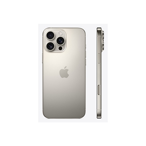 Hellgraues iPhone mit drei Kameras auf der Rückseite, das Apple-Logo und die Seitentaste sind sichtbar.