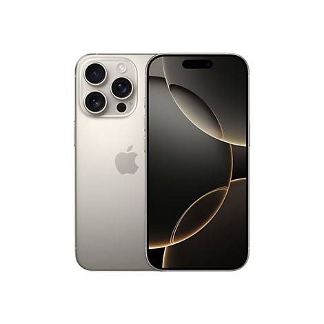 Beige iPhone, Rückseite mit drei Kameras, Apple-Logo. Display mit schwarzem Hintergrund und goldenen Akzenten.