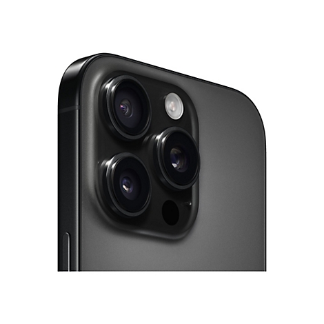 Nahaufnahme der Rückseite eines schwarzen iPhones mit drei Kameralinsen, einem Blitz und einem Mikrofon.