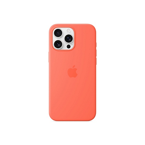 Coque de téléphone de couleur corail pour iPhone, avec trois objectifs d'appareil photo et le logo Apple.