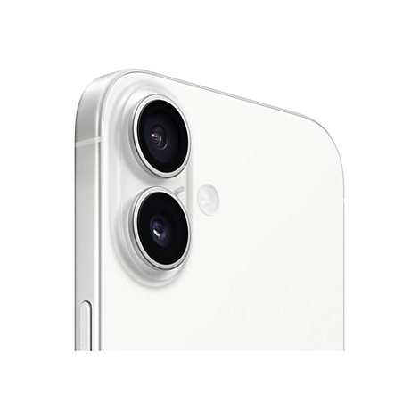 Gros plan sur un smartphone blanc, focus sur les deux caméras aux bords argentés.